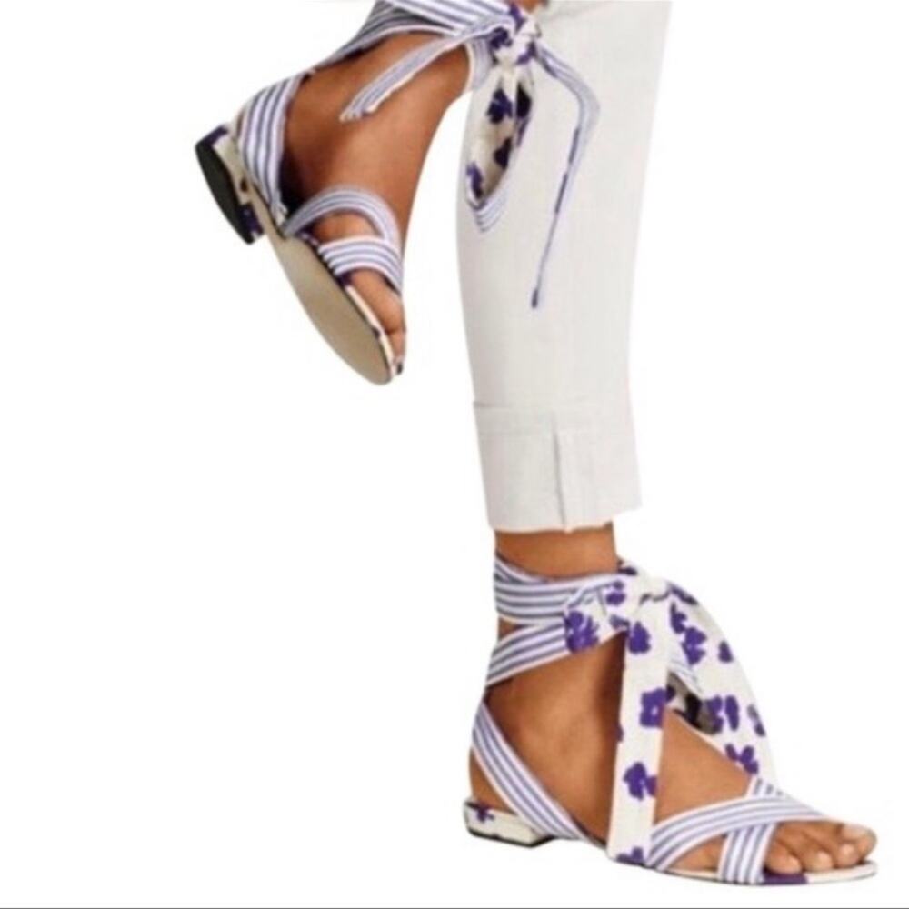 Cabi Watercolor Tied Up Sandals Size 8 Blue White Stripe Floral Gladiator Style